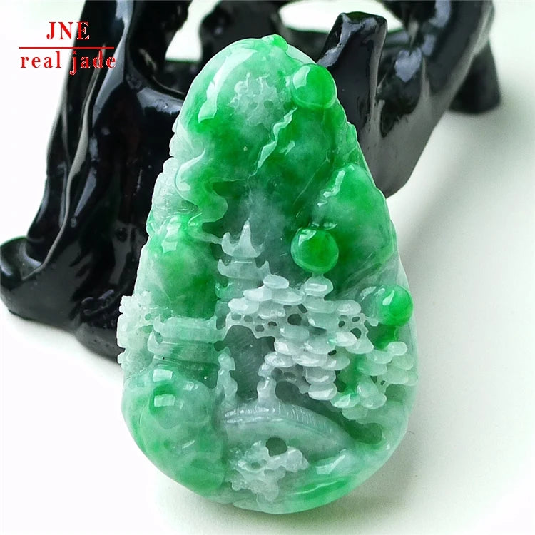 Myanmar a Type Carved Character Landscape Artistic Conception Brand Jade Green Landscape Pendant Emerald Pendant 46.27