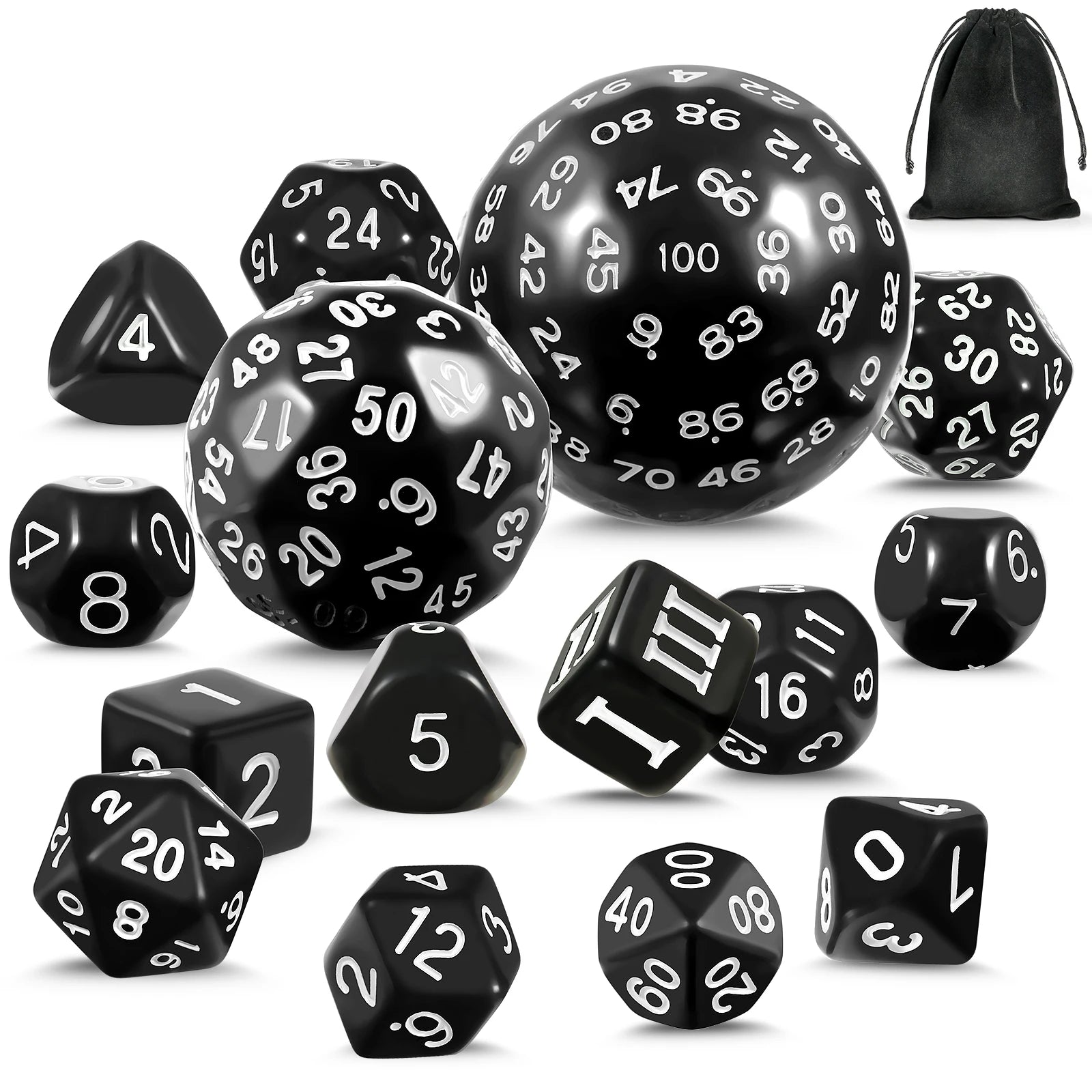 Factory Wholesale Black 16mm 15-Piece D3-D100 Complete Polyhedral DND Dice Set 100-Sided RPG Dice for Role Playing Games