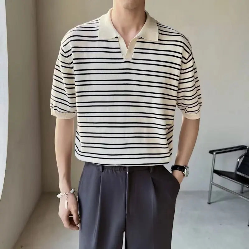 OEM Custom Logo Summer men short-sleeved trendy versatile simple fashion lapel T-shirt V-neck ice silk striped polo shirt