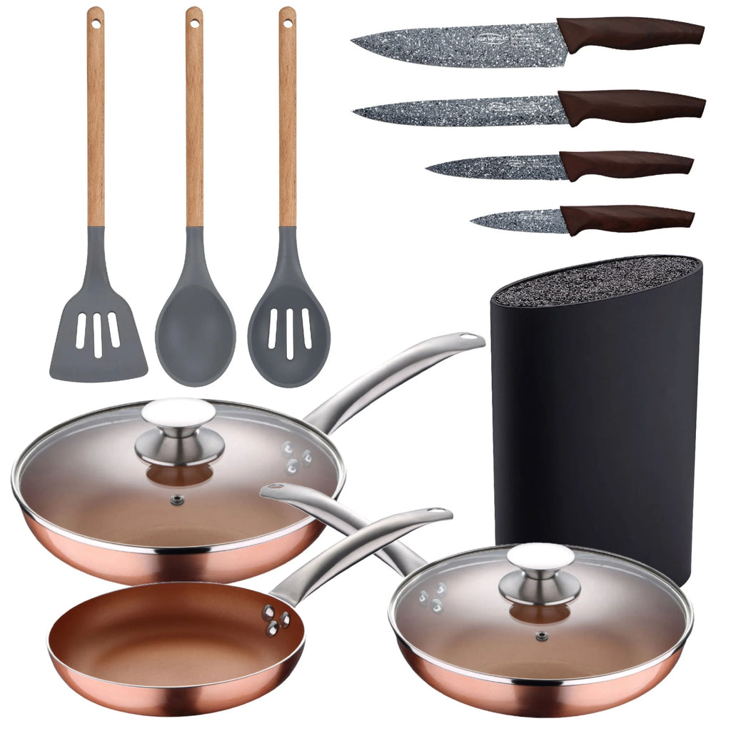 5pc set of pressed aluminum frying pans (with lids) induction compatible with 3pc set of silicone and wooden kitchen utensils