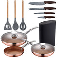 5pc set of pressed aluminum frying pans (with lids) induction compatible with 3pc set of silicone and wooden kitchen utensils