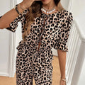 Women's Office-to-Outing Co-ord Transitional Leopard Print Two-Piece Set with Puff Sleeve Tie-Front Blouse High-Waisted Pants