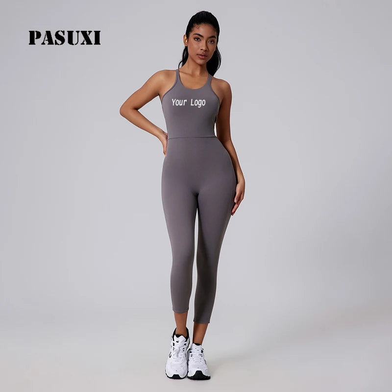 PASUXI V-Shaped Back Yoga Jumpsuit with Butt Lifting Tummy Control High-Waist Cropped Pants for Running Fitness Workout