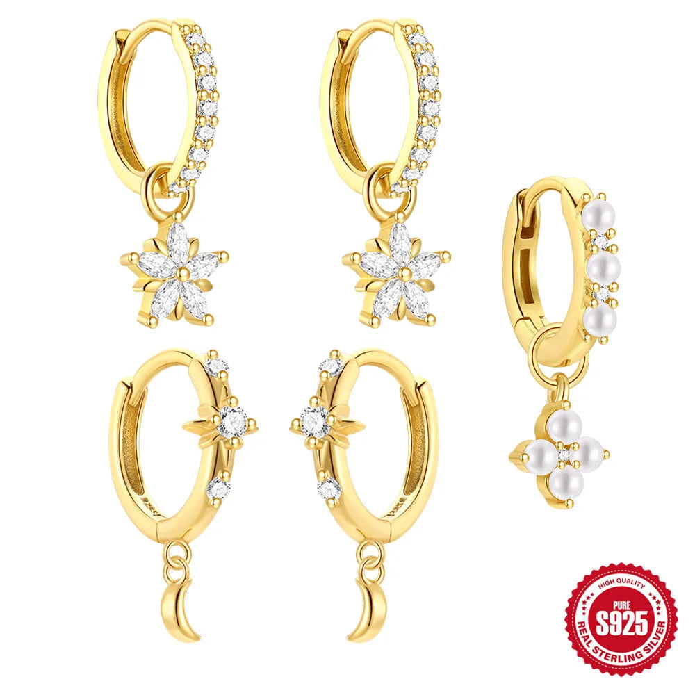 Boasta 18K Gold Plated S925 Sterling Silver Star Moon Flower Pearl Hoop Earrings CZ Dangle Jewelry for Women Girls