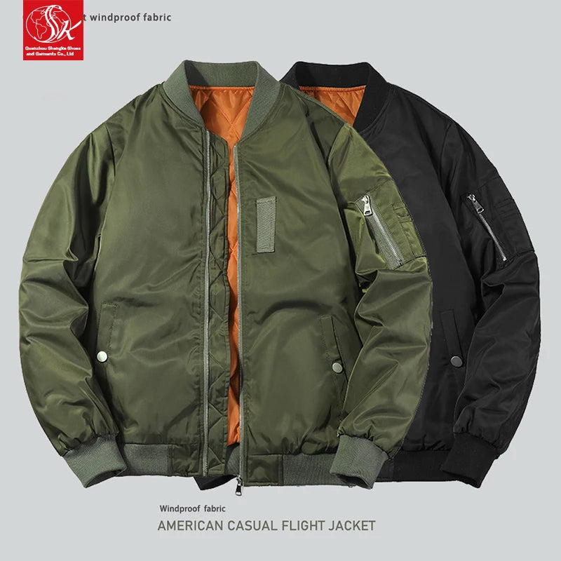 SK Men's Casual Rabbit Windproof Zipper Closure Stand Collar Bomber Jacket Embroidered Pilot Loose Fit Fall Winter XL Plain Dyed