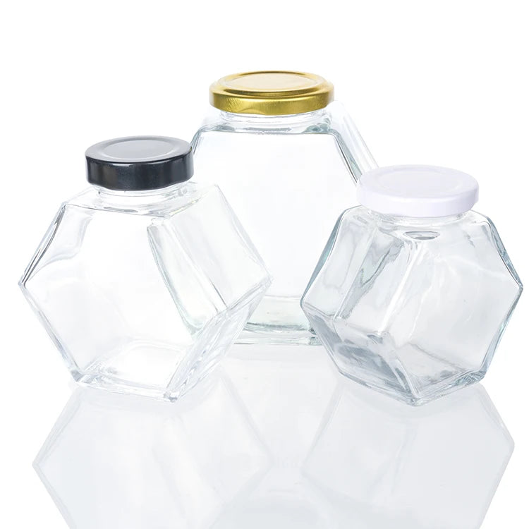 Wholesale 180ml 360ml 500ml Glass Honey Jars Hexagon Honey Storage Bottle With Metal Lid