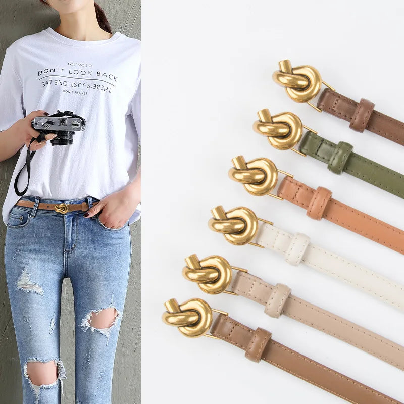 Genuine Leather Cow Hide Casual Women's Designer Belt 1.4cm Wide Pin Buckle Lightweight Simple Vintage Elegant Waist Accessory
