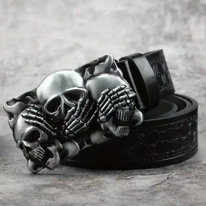 Wholesale Skull Buckle PU Leather Belt Punk Style Black PU Belt Emobossing Floral Design Vintage Belt for Men