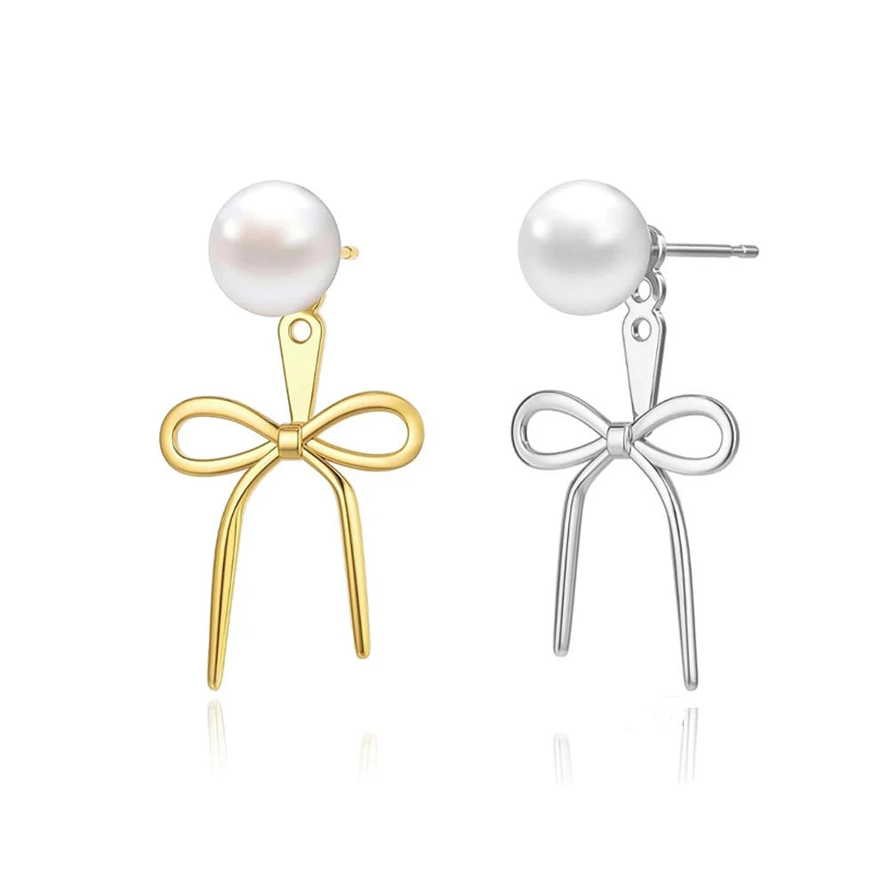 EH1598 New 925 Sterling Silver Hoop Earrings Bowtie Ribbon Pearl Stud Golden for Women Girl Gift Jewelry Drop Shipping Wholesale