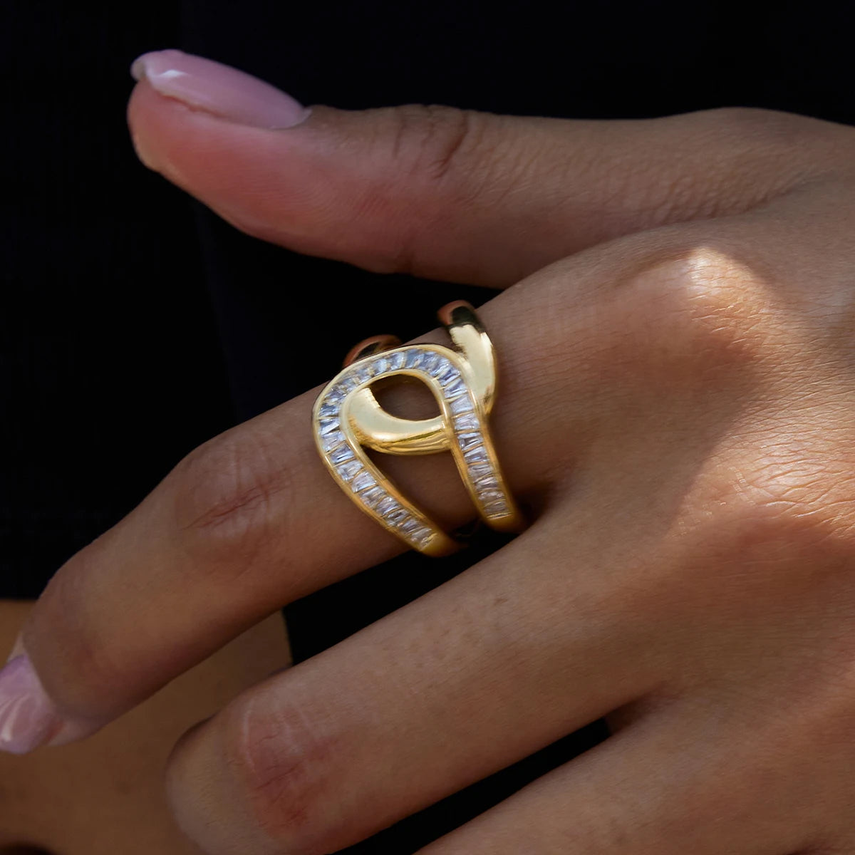 J&D Women's Modern White Rhinestone Wapped Geometric Opening Ring 18K Gold Stainless Steel Ring Jewelry