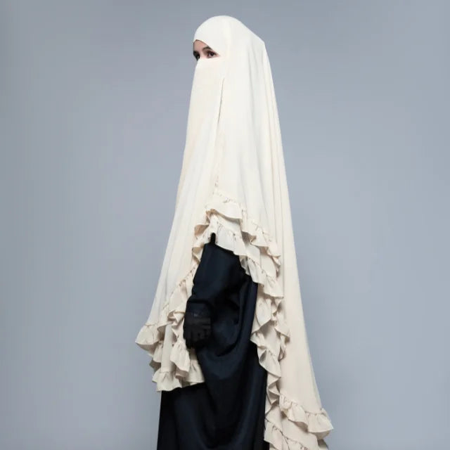 Bulk Modest Style Long Ruffle Khimar Muslim Women Solid Handmade Breathable Polyester Chador Hijab Quick Dry Lightweight Loose