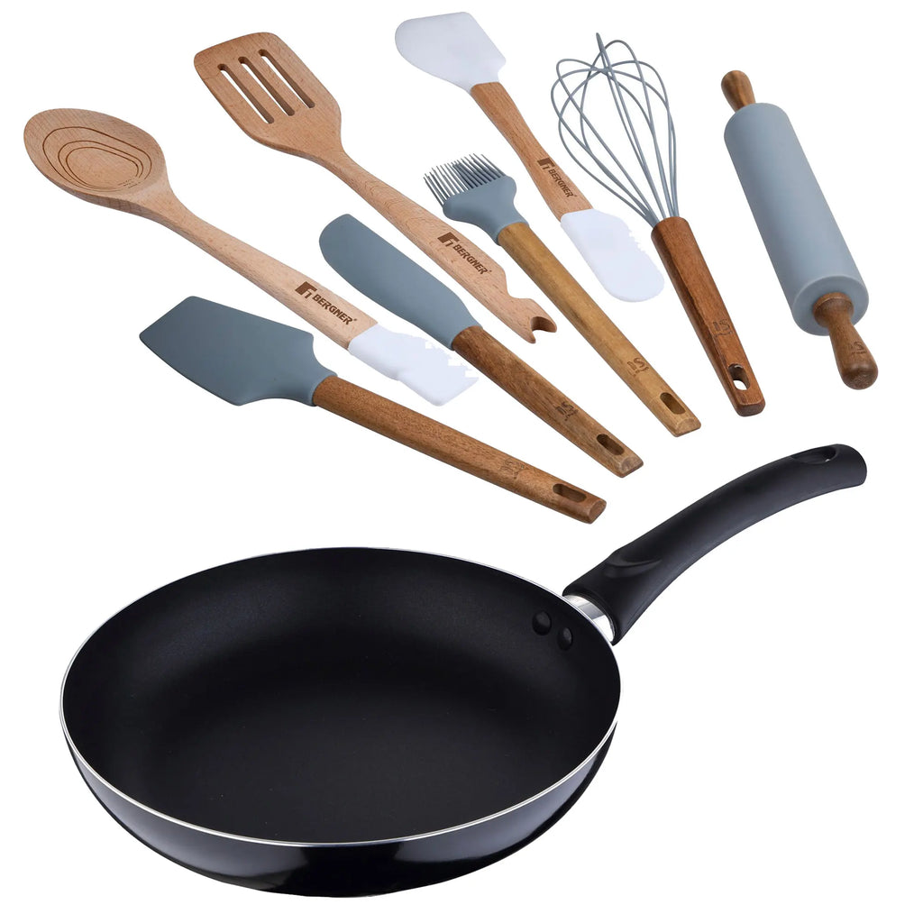 PIXEL Chef Saucepan Set (24x4.5cm) - Pressed Aluminum + 3 Wooden and Silicone Kitchen Utensils + 5 Silicone Kitchen Utensils