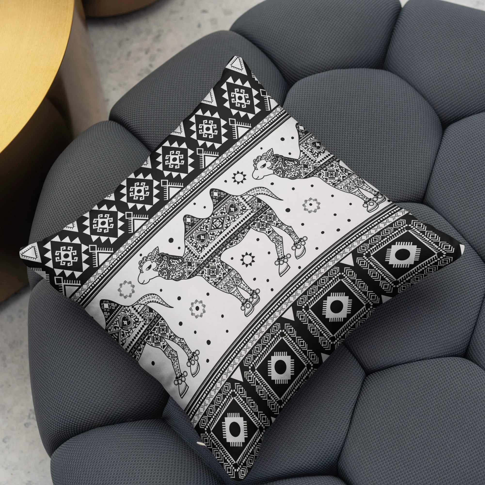 Retro Black White Patterned Camel Print Geometric Stripes Artistic Design Sublimation Customizable Hotel Polyester Linen
