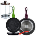 Set of 3 San Ignacio 20/24/28 forged aluminum frying pans induction compatible + Borosilicate glass plunger coffee maker