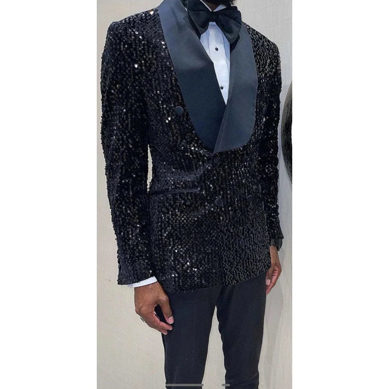 Trendy Fashion Wedding Groom Double Breasted Shawl Lapel Prom Terno Masculino Blazer Men Clothes Two Piece Sequined Men Suits