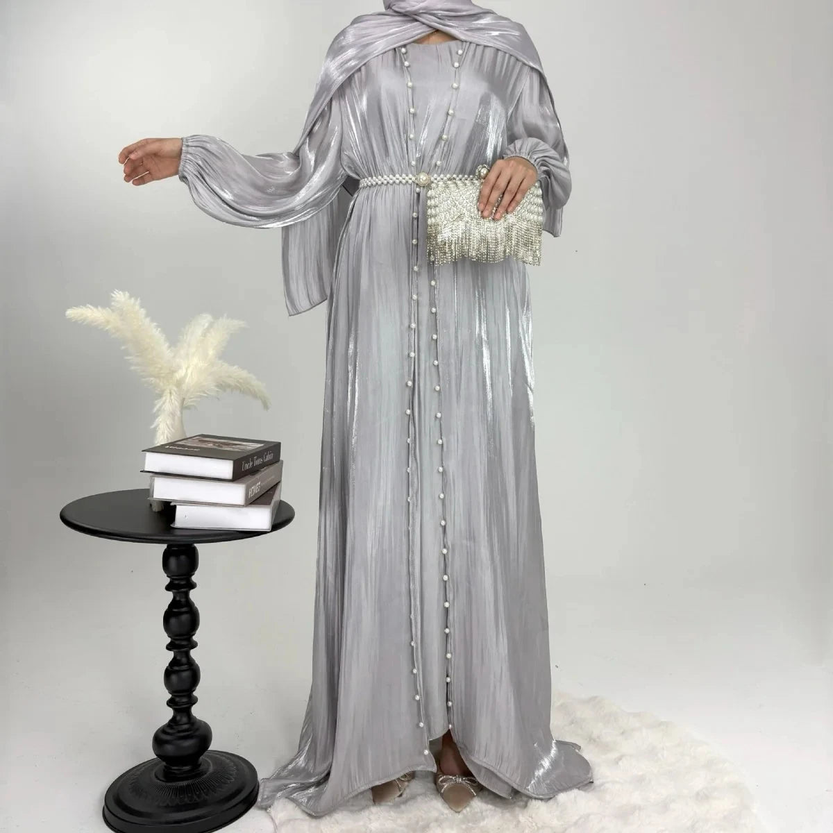 Premium Modest Turkey Evening Party Dress Set for Women Three-Piece Shiny Abaya Beaded Dresses Straight Natural Simple
