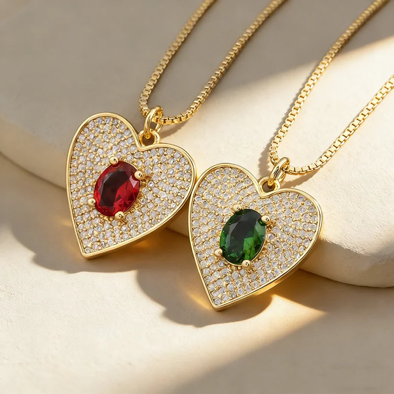 QIKU Fashion Heart Shape Pendant Micro Pave Full Crystal Necklace Copper 5 Colors Zircon Neck Chain Jewelry Valentine's Day Gfit