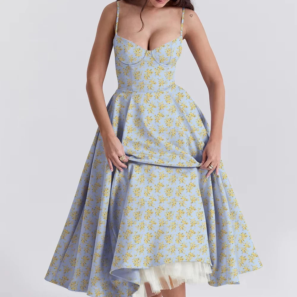 Princess Maxi Dress for Spring and Autumn New Vintage Romantic French Tulle Gown with Double-Spaghetti Straps Woman Clothes