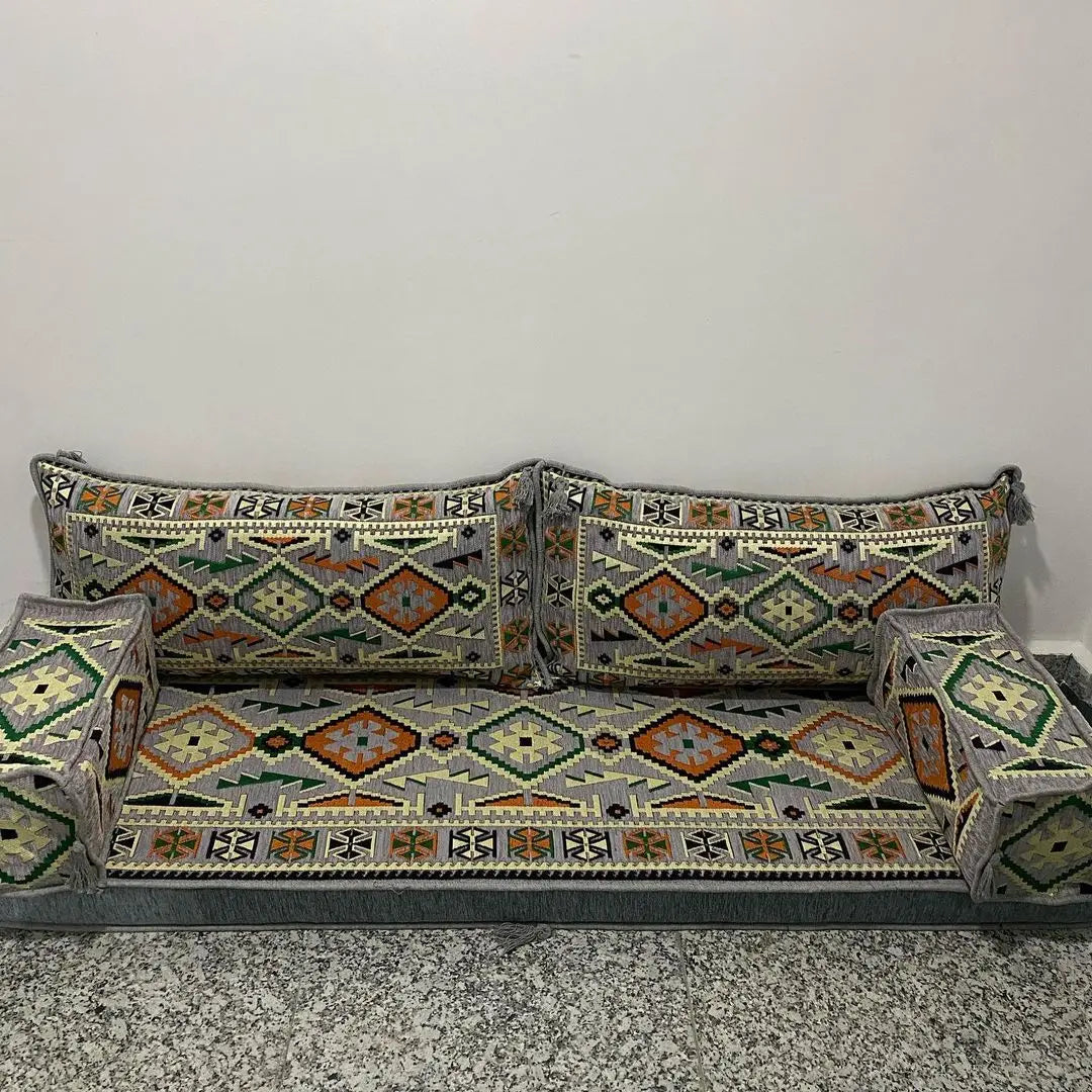 Ottoman Bar Nomad Yoruk Oriental Corner Arabic Seating Floor Cushion Cover Set Moroccan Pattern Blue Polyester Cotton Removable MegaBDM