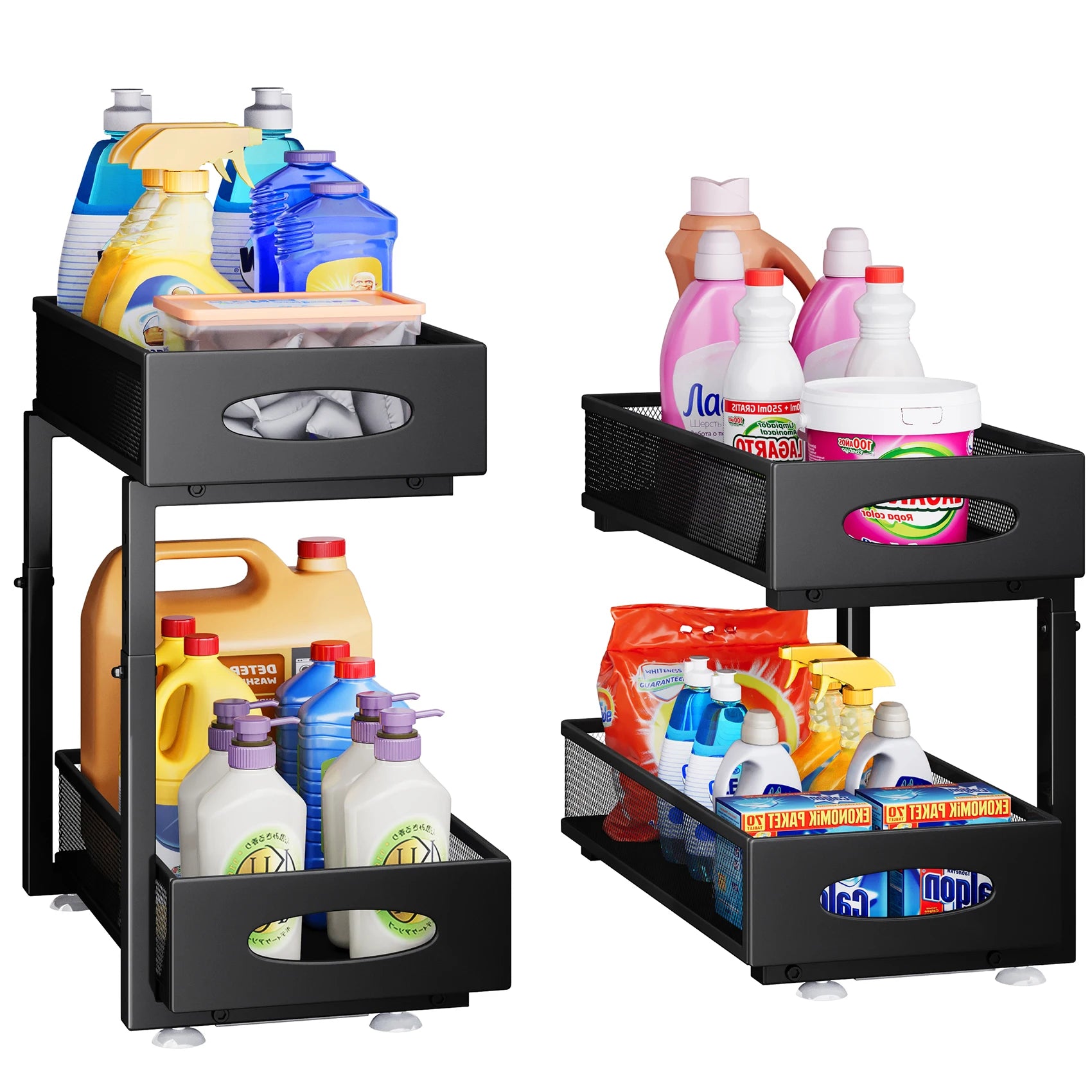 2 Pack Storage 2 Tier Metal Pull Out Cabinet Under Sink Organizer with Drawer Shelves for Kitchen