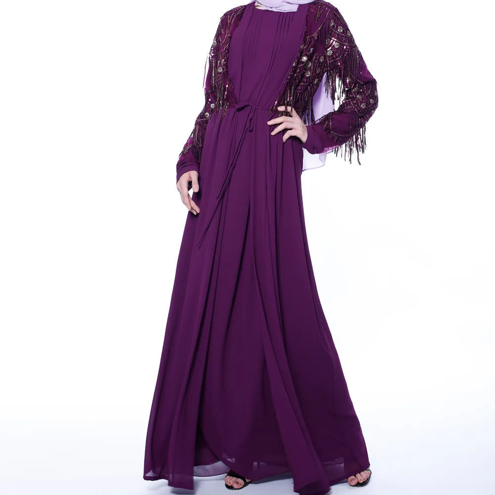Elegant Kimono Chiffon Dress for Women Sequin Abaya Tassel Kimono Turkish Dubai Muslim Hijab Dress Abayas