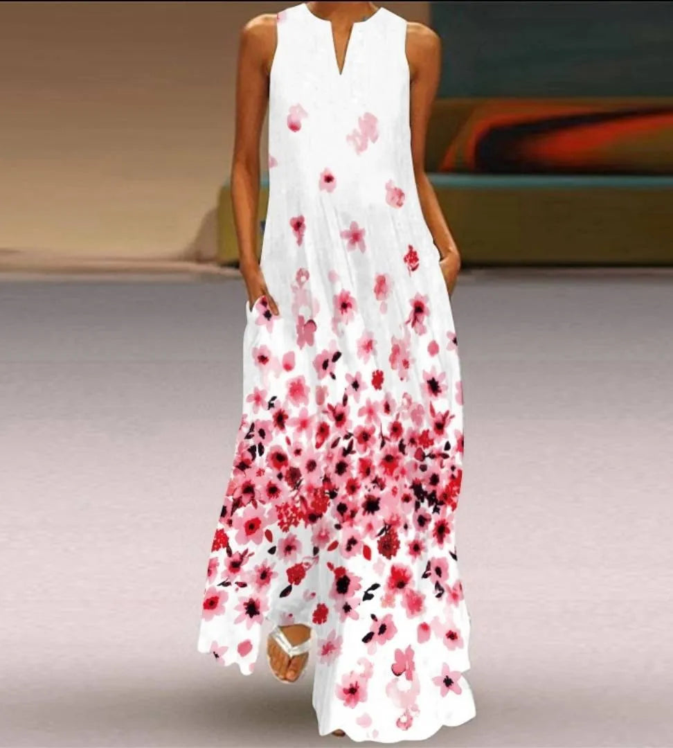 2025 New Summer Women's Sleeveless Long Dress with V-neck and Floral Print European and American Style for Cross-border Foreign
