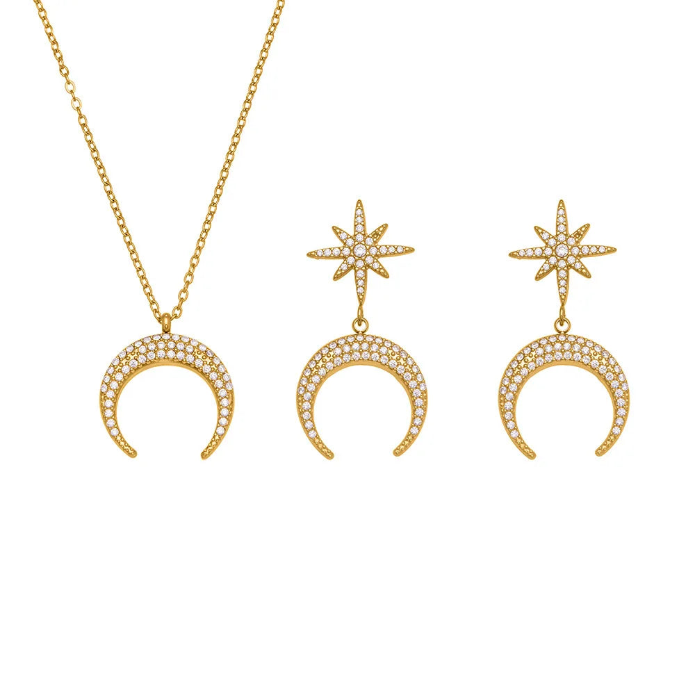 Vintage Royal Style Crescent Moon Octagram Choker Necklace Earrings Set Zirconia Crystal Bridal Party Jewelry Gift for Women