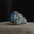 Azuris Custom Logo 925 Sterling Silver Ottoman Style Men's Ring Naturel Black Stone Handmade in Turkey VALKH1483