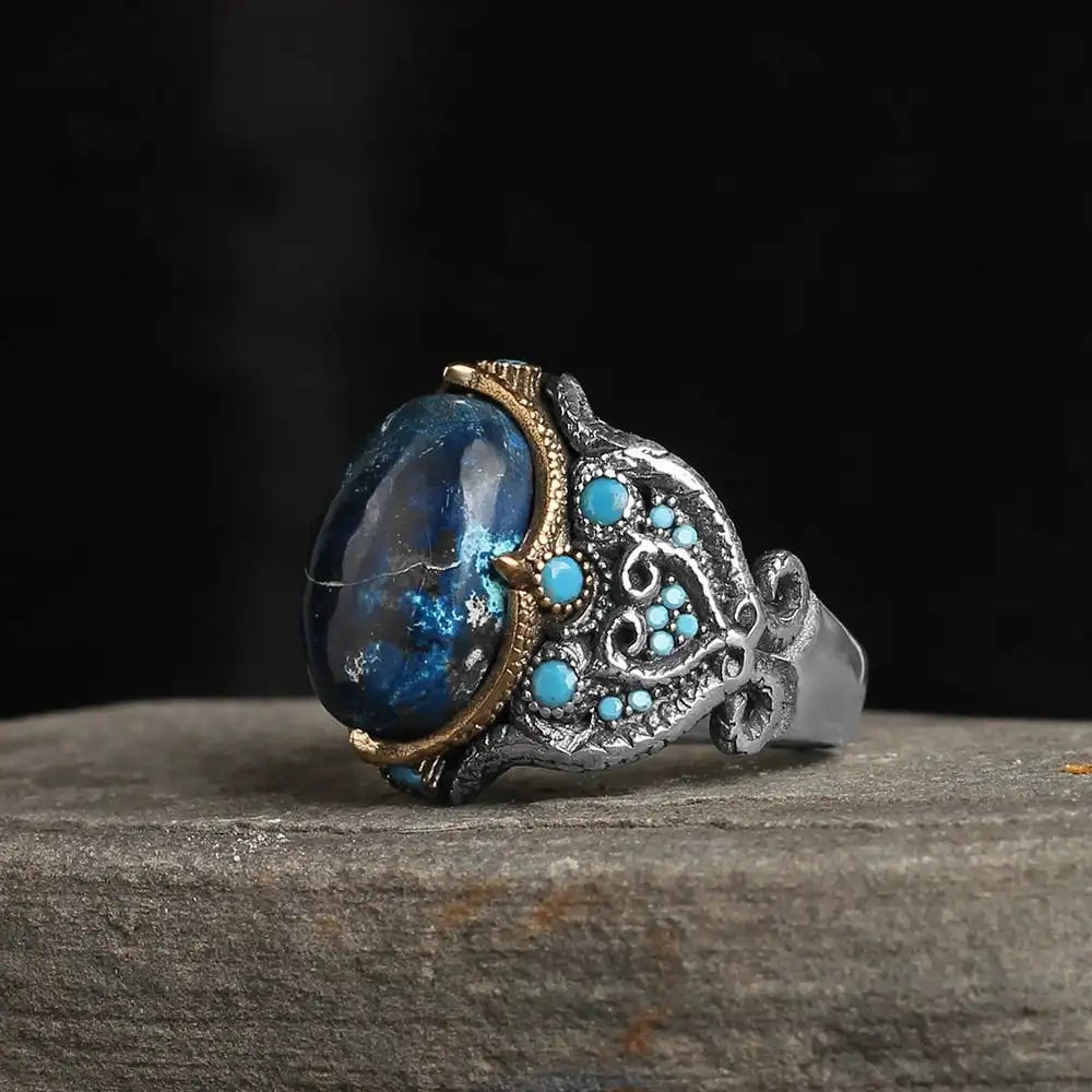 Azuris Custom Logo 925 Sterling Silver Ottoman Style Men's Ring Naturel Black Stone Handmade in Turkey VALKH1483
