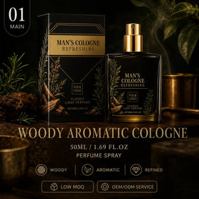 Low MOQ Long Lasting 50ml Men's Woody Aromatic Cologne Fine Mist Spray Rosemary Sandalwood OEM/ODM Private Label Modern Daily
