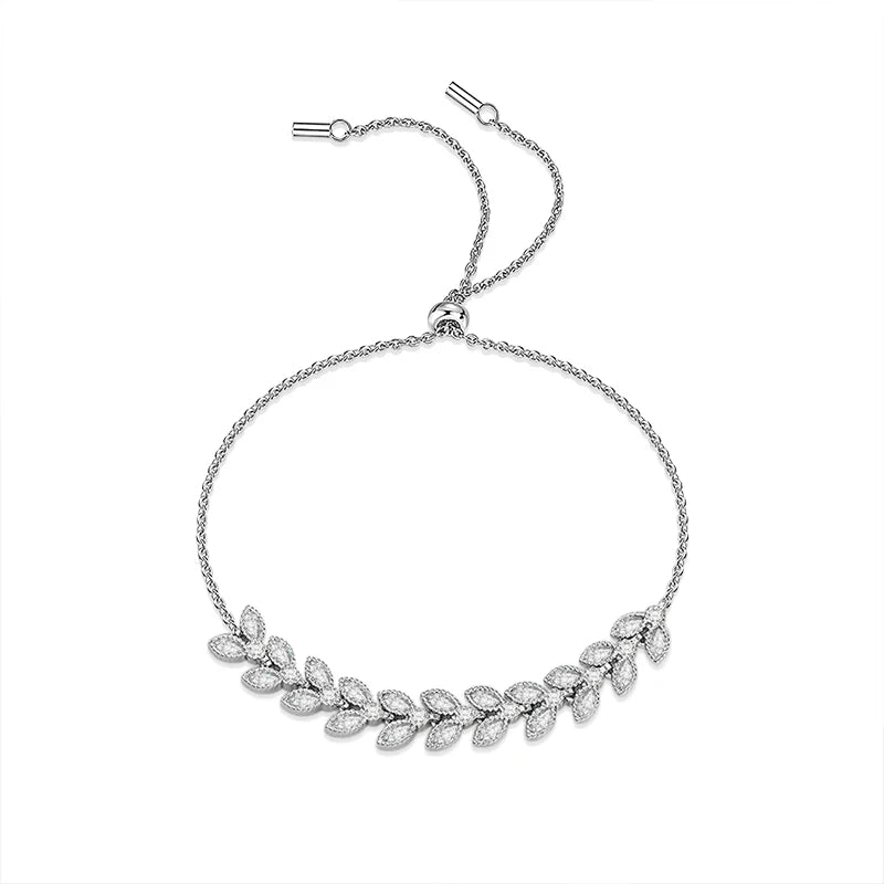 Shiny Crystal Adjustable Moissanite Bracelet for Women Fashion Trendy Leaf Silver Color Wedding Jewelry