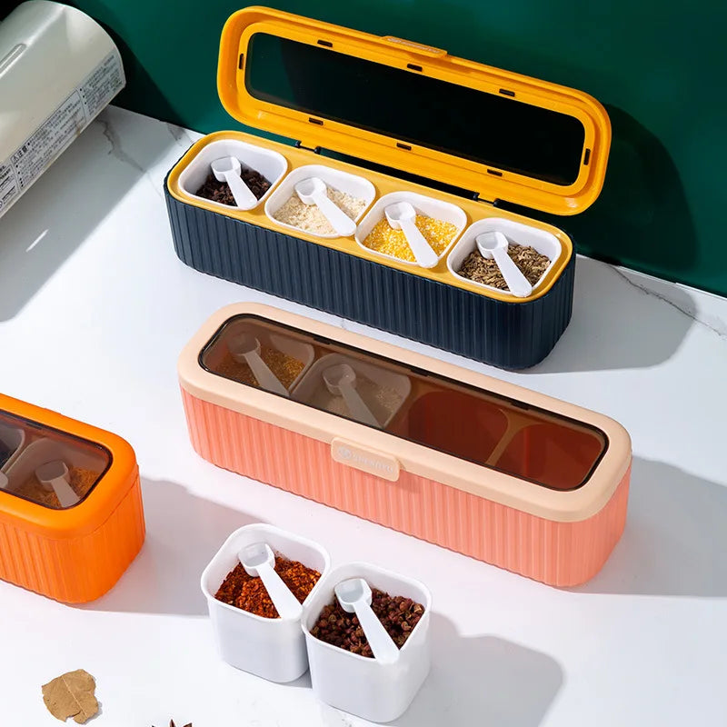 Seasoning Container Sugar Salt Storage Box 4 Grids Plastic Seasoning Box Combination Set for Household Kitchen