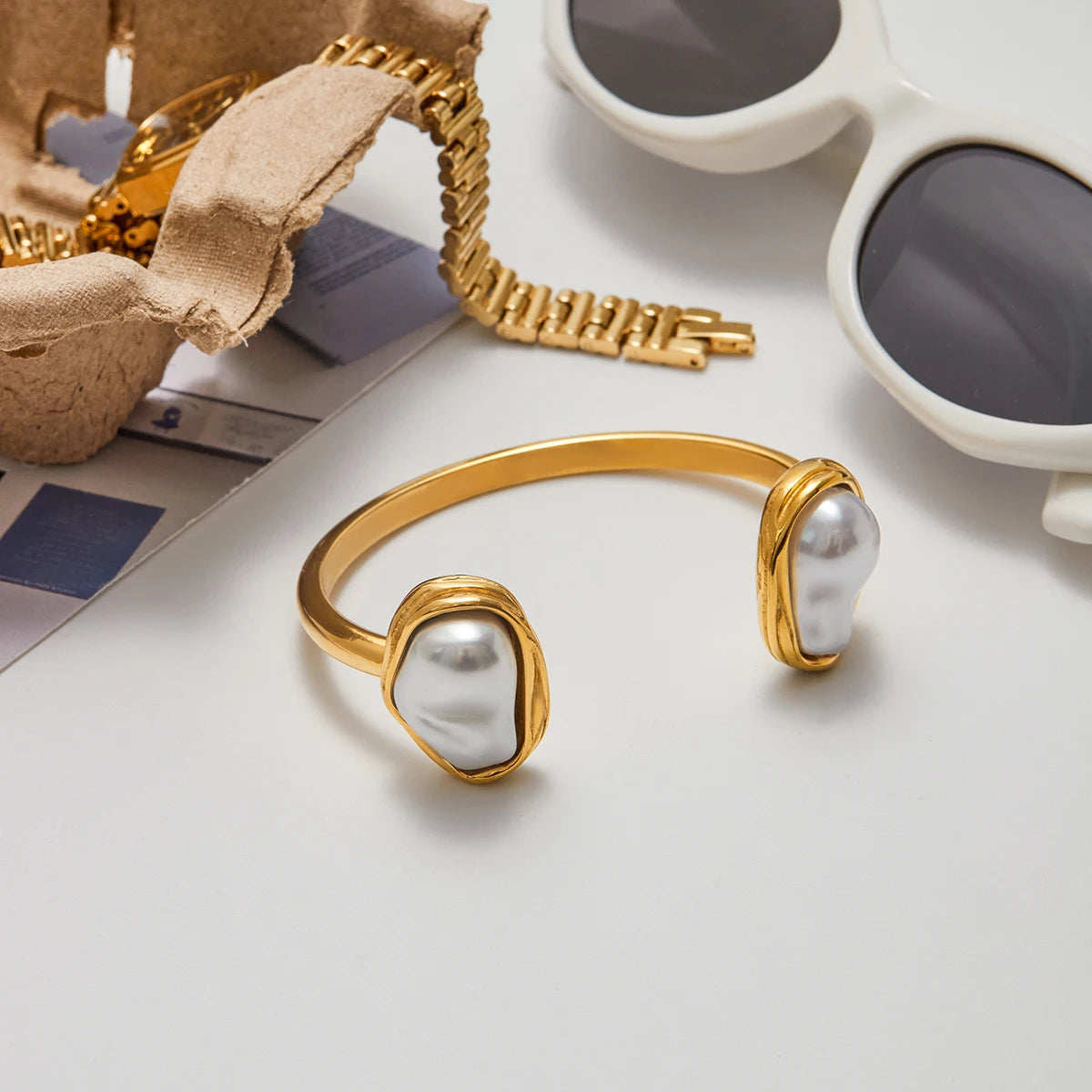 J&D 18K Gold Plated Stainless Steel Bracelet Jewelry Set Charm Natural Stone Bracelet Ring Set