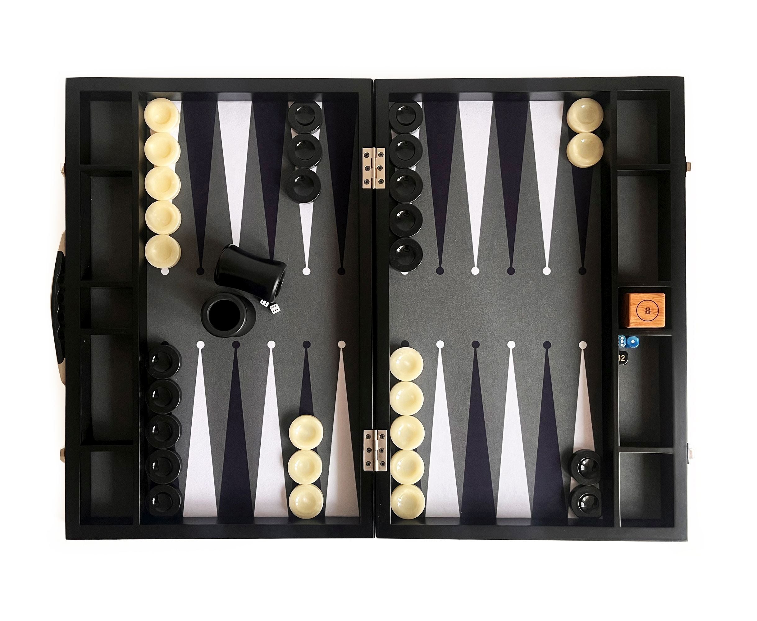 Helena Wood Art Luxury Handmade Tournament Size Backgammon Set Unisex Gray Fabric Leather Case 22x29 Inch (57x75cm) Doubling