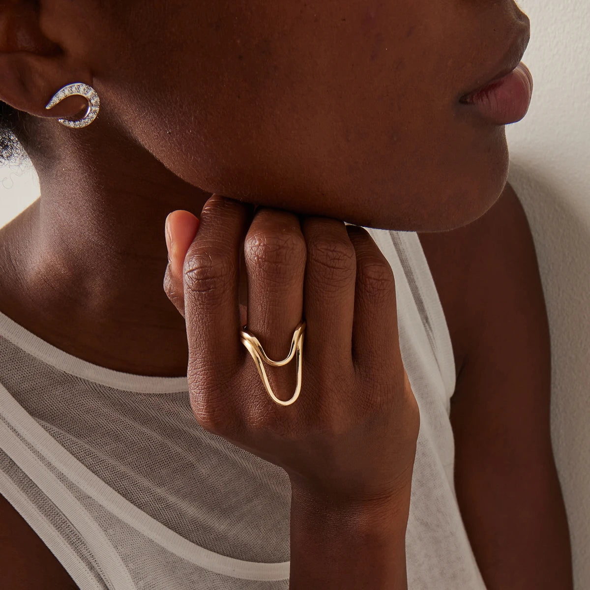 J&D 18k Gold Stainless Steel INS Style Minimalist Double-Layer Hollow Open Ring Unique Design Adjustable for All Sizes