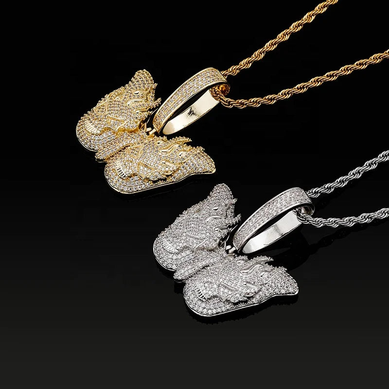 Luxury Gold Plated Butterfly Pendant Lab Zircon Unique Flame Skull Design Hip Hop Jewelry Men Women Exquisite Necklace