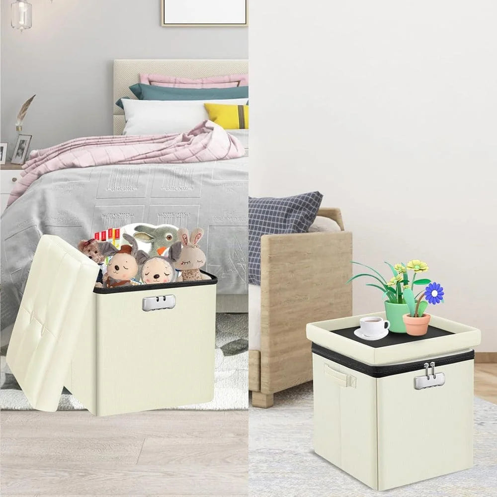 Local Delivery in the United States 13 Inch Fireproof Storage Ottoman Modern Leather Footstool Lockable Square Folding File Box
