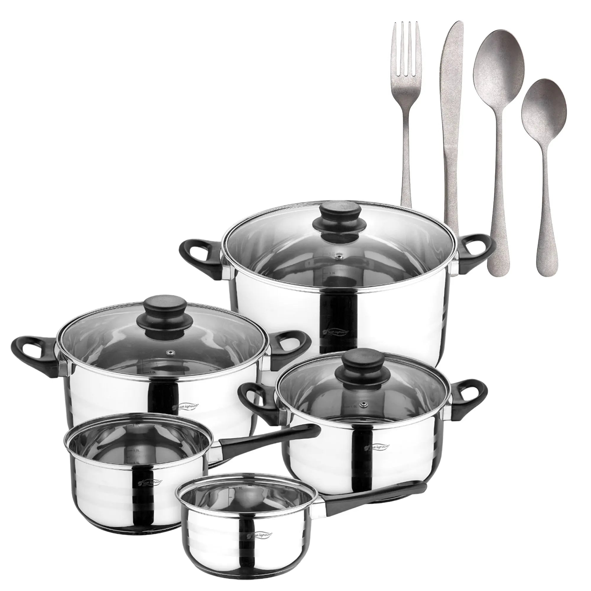 San Ignacio Eight-Piece Cookware Set + NOIA San Ignacio 16-Piece Stainless Steel Cutlery Set