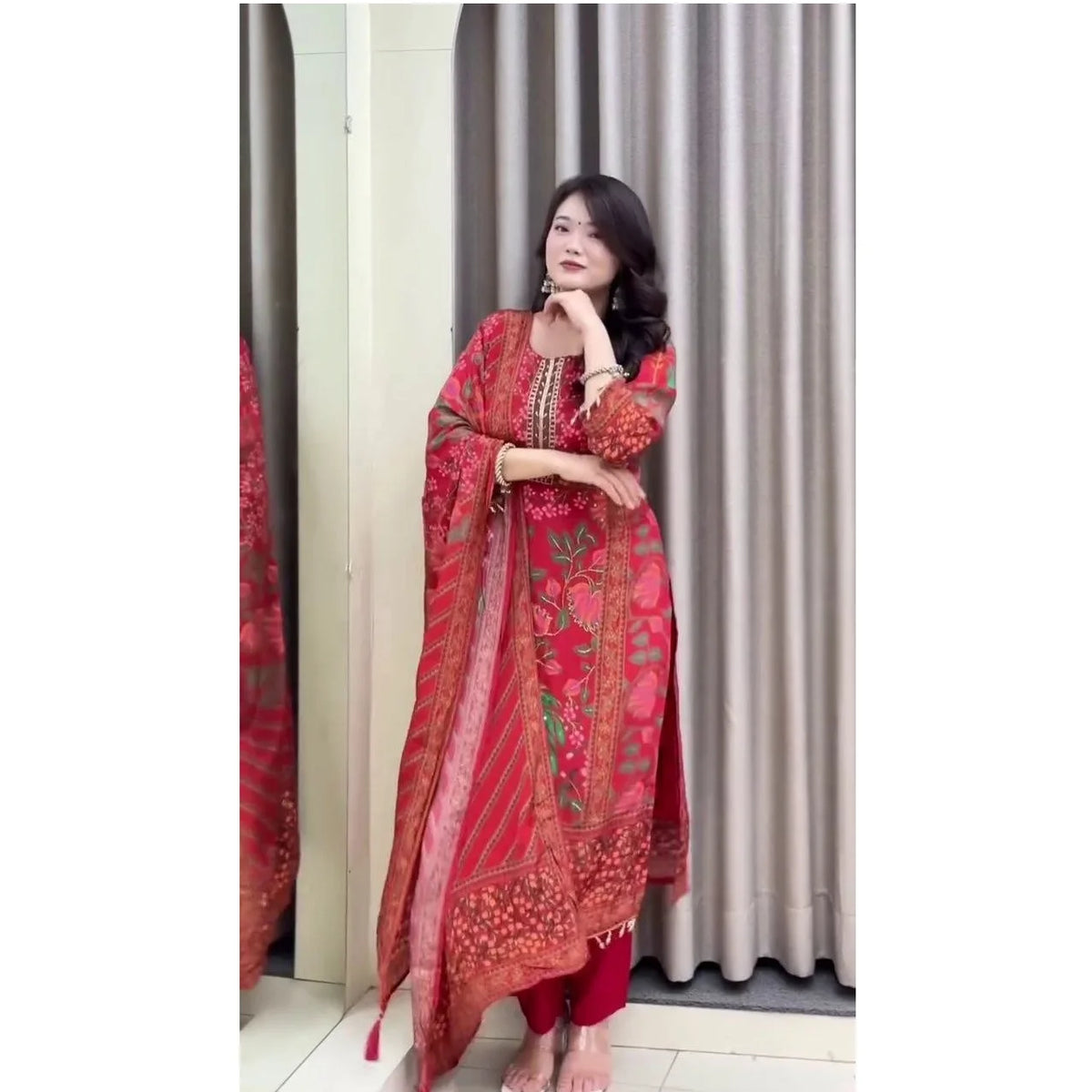 Red Cotton Salwar Kameez Set with Hand Drawn Floral Print and Matching Dupatta for Women Traditional Wedding Wear MegaBDM