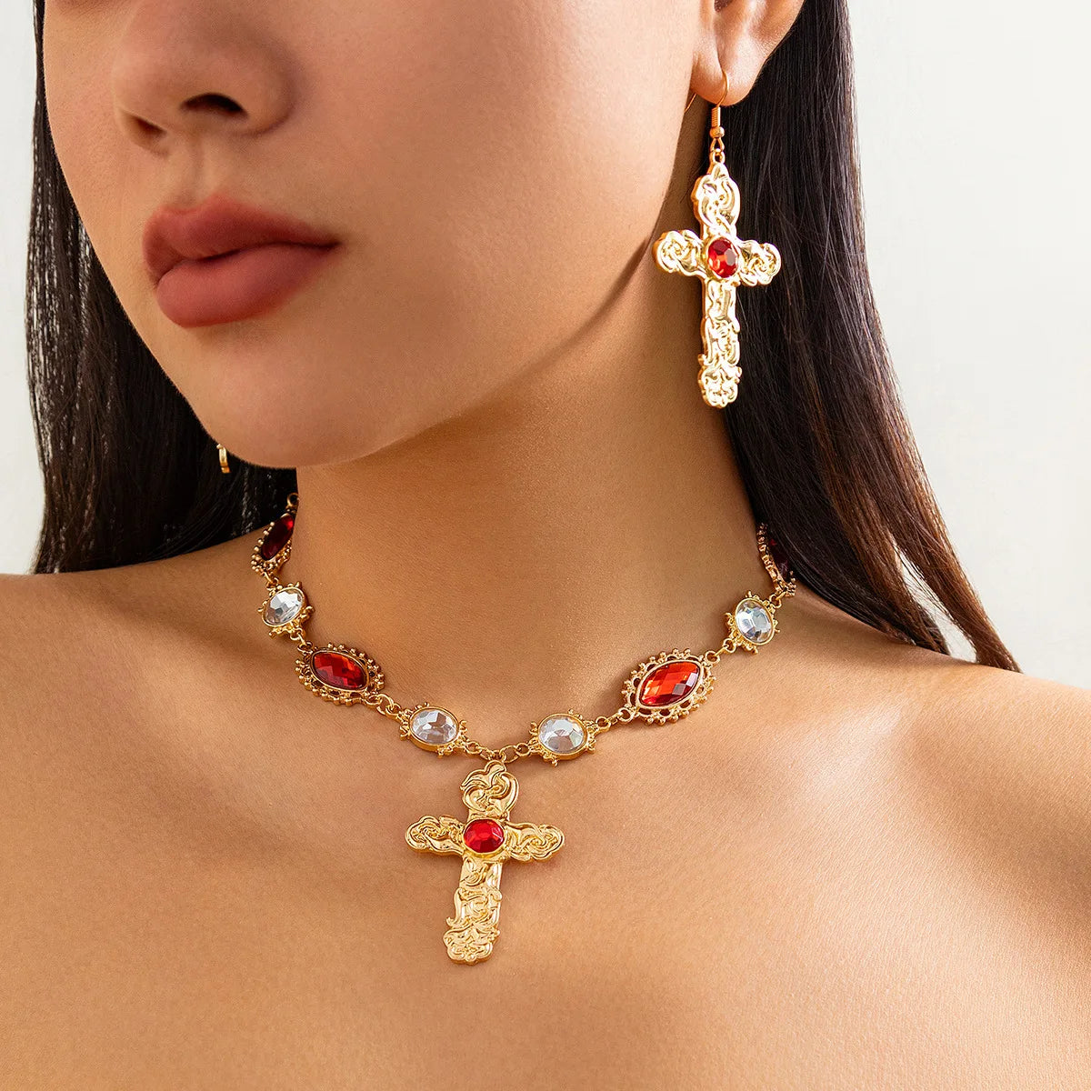 Fenyi Women's Fashion Inlaid Ruby Clavicle Cross Alloy Pendant Necklace Earrings Jewelry Set Wholesale