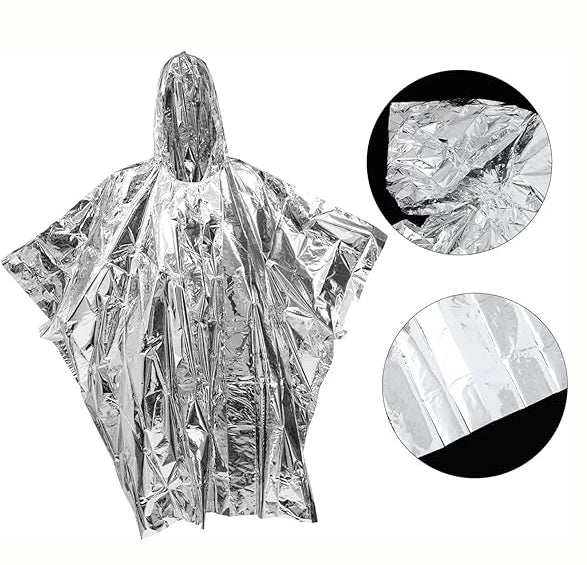 Survival Gear Kit Emergency Poncho Emergency Space Blanket Mylar Liner Retains 92% Body Heat for Outdoors First Aid