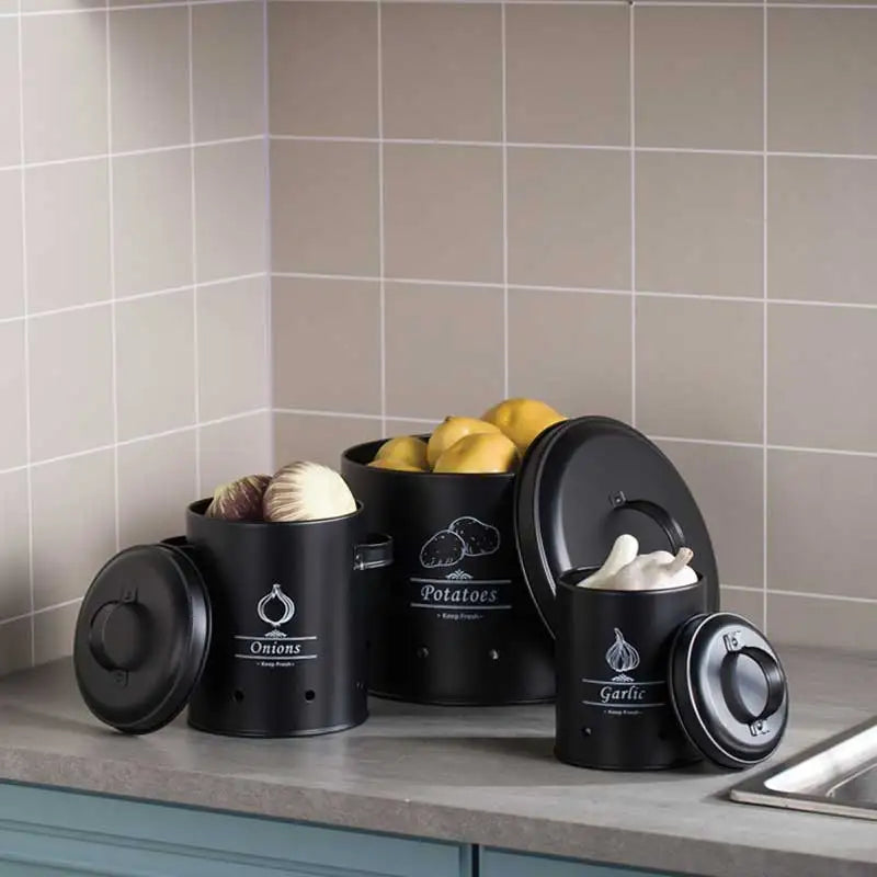 Decorative Customized Garlic Pantry Black Small Organizer Shelves Potato Onion Boxes Storage Bins Lid