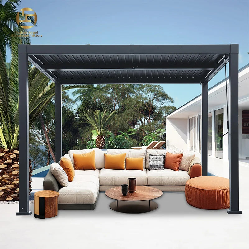 Modern Aluminum Louvered Bioclimatic Pergola Retractable Sliding Windows Motorized Operation LED Lighting for Balcony Outdoor