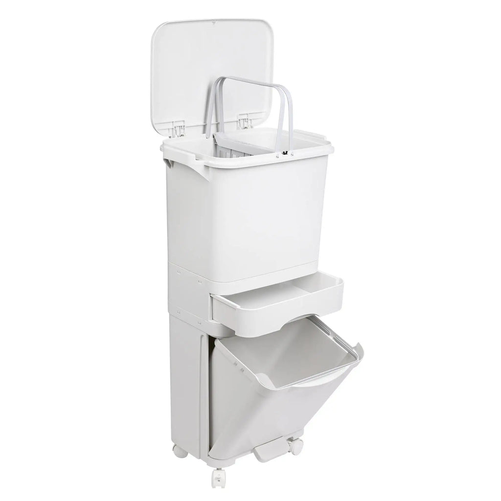 Selective sorting recycling bin with pedal wheels and handle 42L triple compartment (24L + 4L + 14L).
