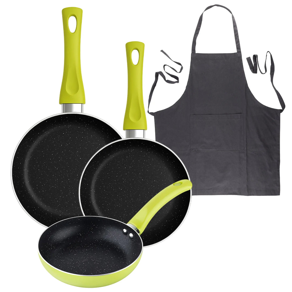 Set of 3 San Ignacio frying pans (20+24+28cm) pressed aluminum green + Dark Grey Kitchen Apron 100% Cotton 75x80cm