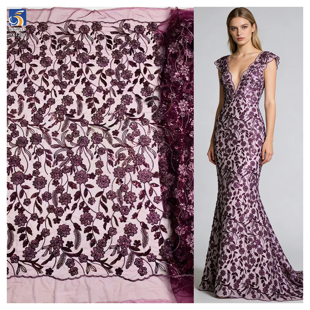 YX1292 Tulle Purple Mexican Lace Fabric With Flash Sequins Embroidery Florals Tulle High-Class Dress Fabric for Mexican Beauties MegaBDM