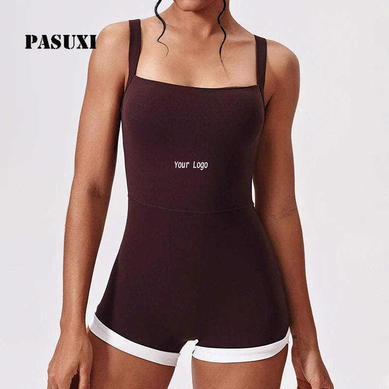 PASUXI Butt Lifting Tummy Control Yoga Jumpsuit for Women Contrast Color Hollow Back Seamless Fitness Jumpsuit with Wide Straps