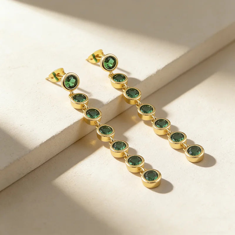 QIKU Light Luxury Shine Zircon Piercing Drop Woman Earrings White/Green Color Tassel Korean Fashion Jewelry Elegant Accessories