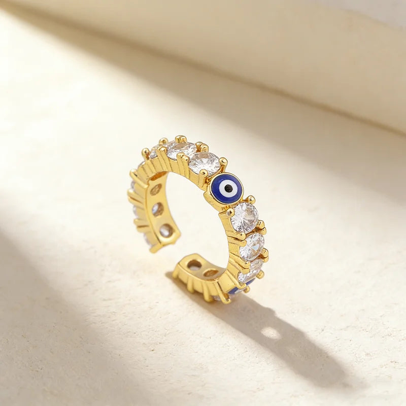 QIKU Fashion Eye Full Pave Diamond Opening Adjustable Rings Copper Zircon Crystal Charm Women Wedding Engagement Jewelry Girl