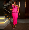 AM040834 Contrast Color One Shoulder Ruffles Women Peplum Evening Dress With Belt